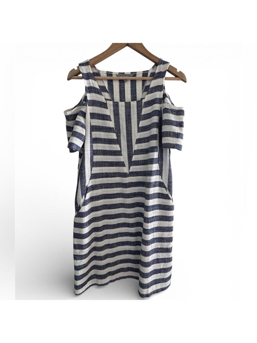 Striped Cold-Shoulder Linen Blend Dress in Navy and White